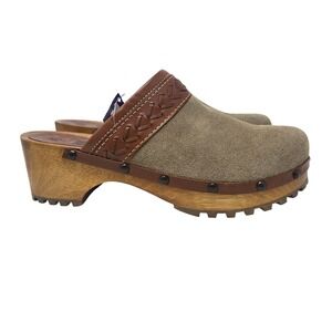 Vintage Y2K 90s Faded Glory Women's Tan Suede‎ Leather chunky Wooden Clogs 8.5